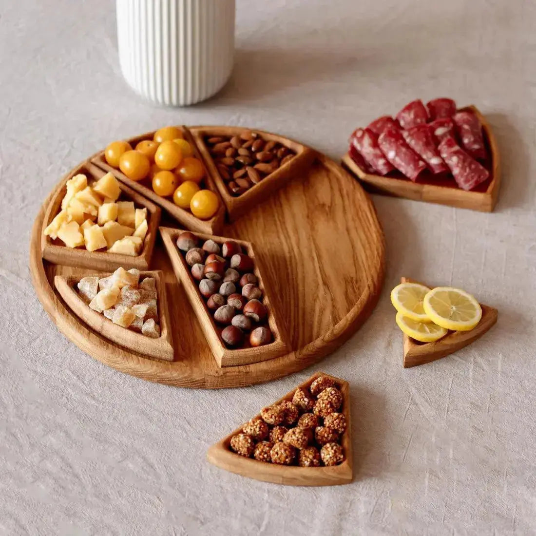 Houten Serveerschaal Set met 8 Uitneembare Vakjes Rond 25cm Naturel Hout