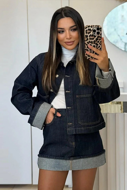 Dames Denim Set - Cropped Jeansjasje en High Waist Minirok → Dames Jeans Set - Cropped Jasje en High Waist Minirok - StudioMarella