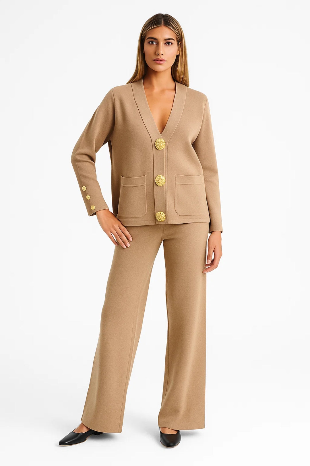 Herenset Gouden Knopen, Rechte Pantalon en V-Hals Overhemd - StudioMarella