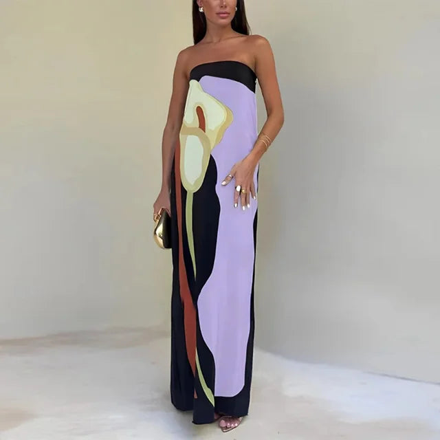 Strapless Maxi Jurk met Bloemenprint Luxe Stof
