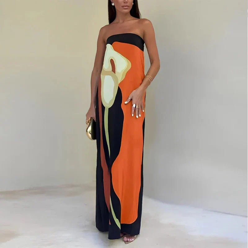 Strapless Maxi Jurk met Bloemenprint Luxe Stof