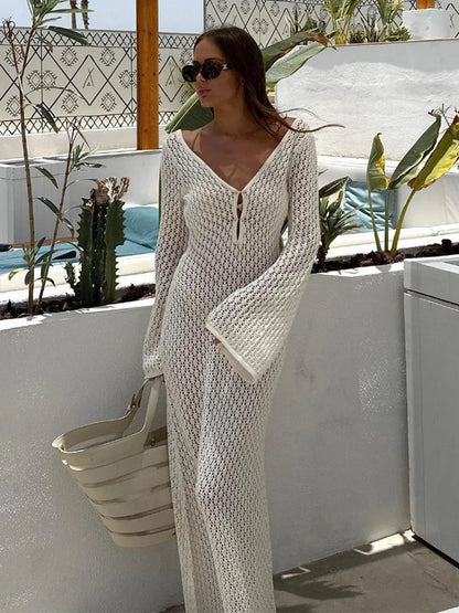 Lange Maxi Jurk met Haaklook en Diepe Halslijn