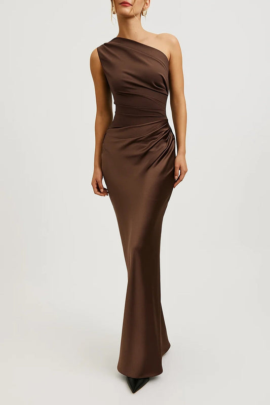 Dames Maxi Jurk One Shoulder Strak Geplooide Taille - StudioMarella