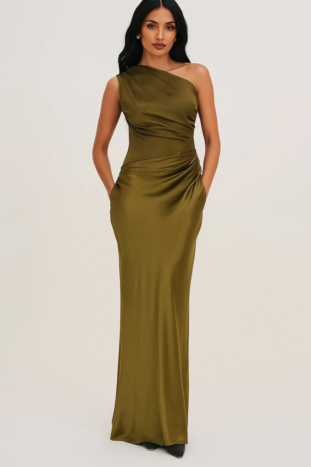 Dames Maxi Jurk One Shoulder Strak Geplooide Taille