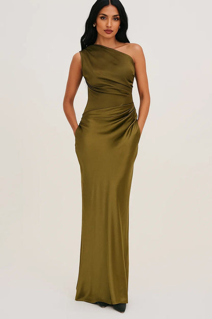 Dames Maxi Jurk One Shoulder Strak Geplooide Taille