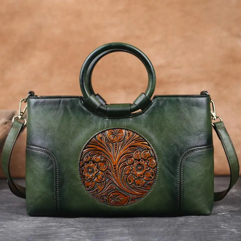Handgemaakte Leren Damestas met Vintage Reliëfpatroon Schoudertas Elegante Dagtas Retro Design Stijlvol