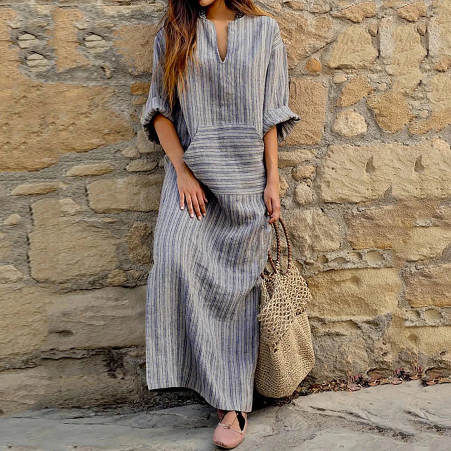 Zomerjurk Vrouw Katoen Linnen Strepen Jurk - StudioMarella