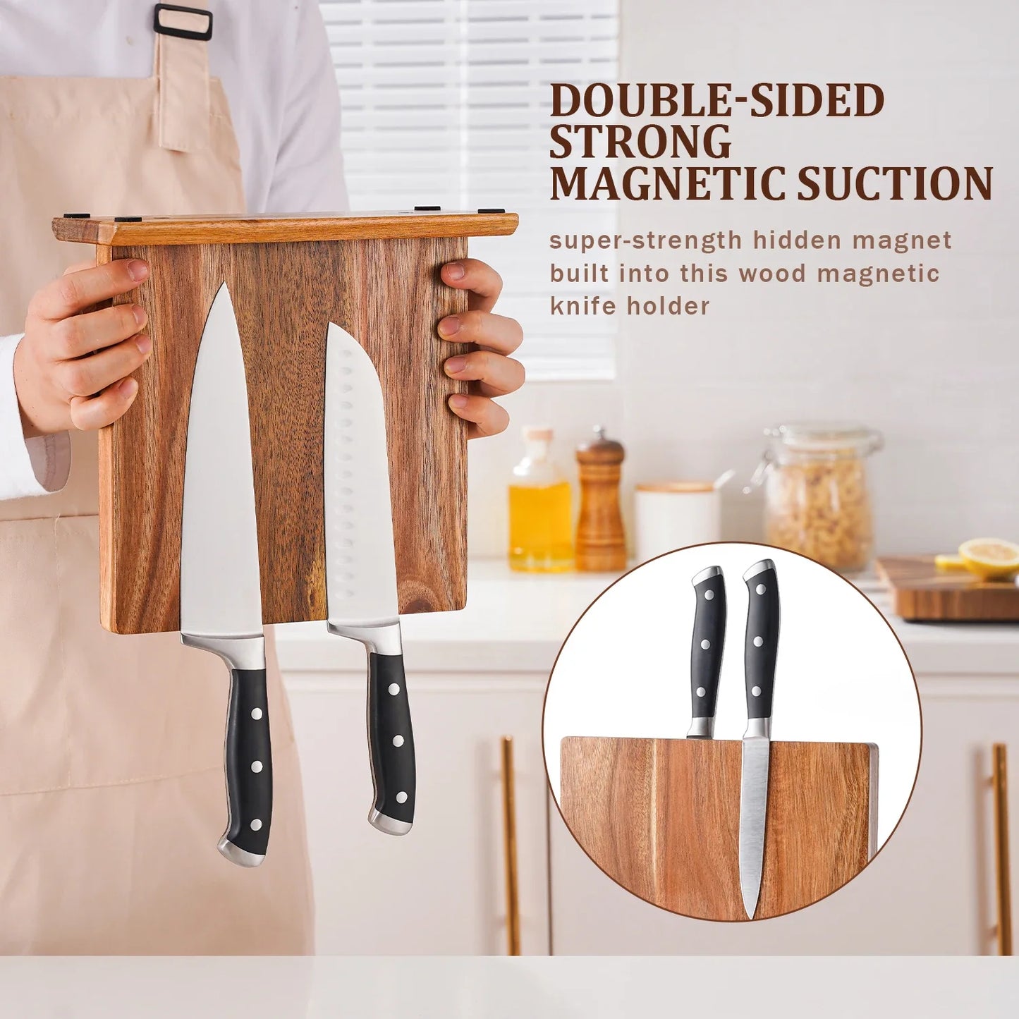 Magnetische Messenhouder Acaciahout Keuken Messenblok Standaard Tafelblad Opbergrek Zonder Boren Knifeblock Naturel