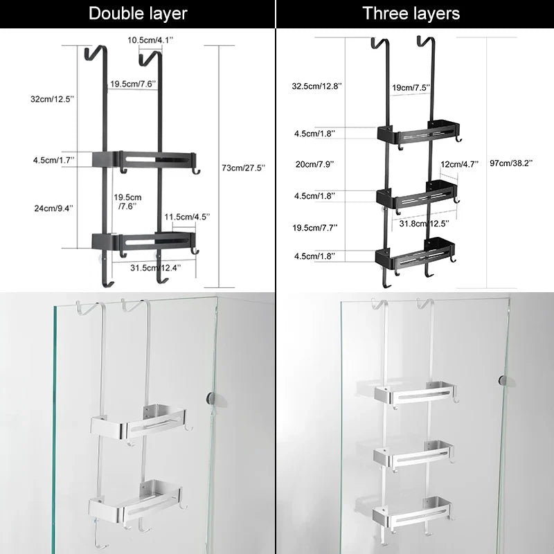 Doucherek Aluminium Zwart Zilver 2 of 3 Laags Hangend Douchedeur Badkamerkast Geen Boren Shampoohouder Opbergrek Badkamer Organizer