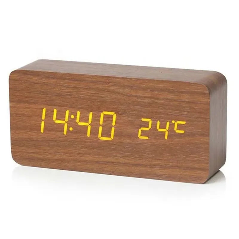 Digitale Wekker Houtlook LED Bamboe Zwart Bruin Temperatuur USB Slaapkamer Bureau 3 Alarmen Instelbare Helderheid 12/24u Tafelklok