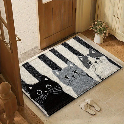 Deurmat Cartoon Katten PVC Zwart Wit Gestreept 60x90cm Antislip Waterdicht Vloermat Slaapkamer Woonkamer Hal Buitendeurmat