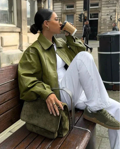 Vegan Leren Damesjas Olijfgroen Streetwear Stijl