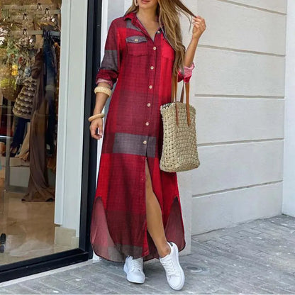 Maxi Jurk Denim Relaxte Pasvorm Met Shirtkraag