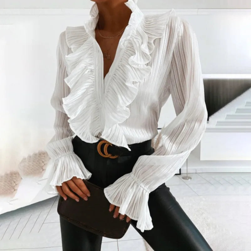 Vrouwelijke Blouse Lange Mouwen Ruffles Stijl