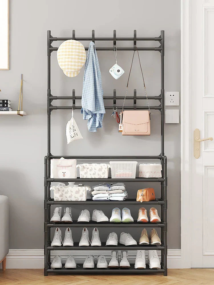 Schoenenrek Met Kapstok Zwart 5 Lagen Staal Hal Organizer