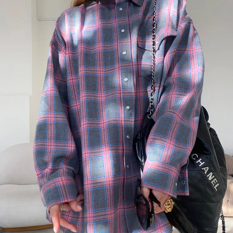 Dames Blouse Oversized Geruit Blauw met Zakken