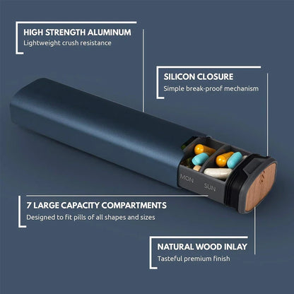 Weekpillenbox 7 Vakken Aluminium Hout Zwart Blauw Roze Zilver Medicijnbox Supplementen Dagelijks Pillenorganizer BPA-Vrij Premium Organizer