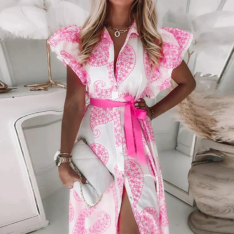 Zomerjurk V-Hals Korte Mouw Jurk met Knoopsluiting Print