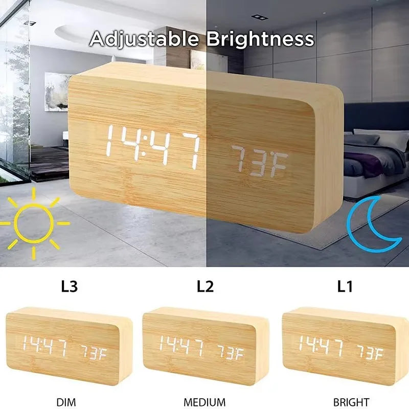 Digitale Wekker Houtlook LED Bamboe Zwart Bruin Temperatuur USB Slaapkamer Bureau 3 Alarmen Instelbare Helderheid 12/24u Tafelklok