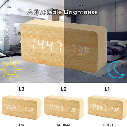 Digitale Wekker Houtlook LED Bamboe Zwart Bruin Temperatuur USB Slaapkamer Bureau 3 Alarmen Instelbare Helderheid 12/24u Tafelklok