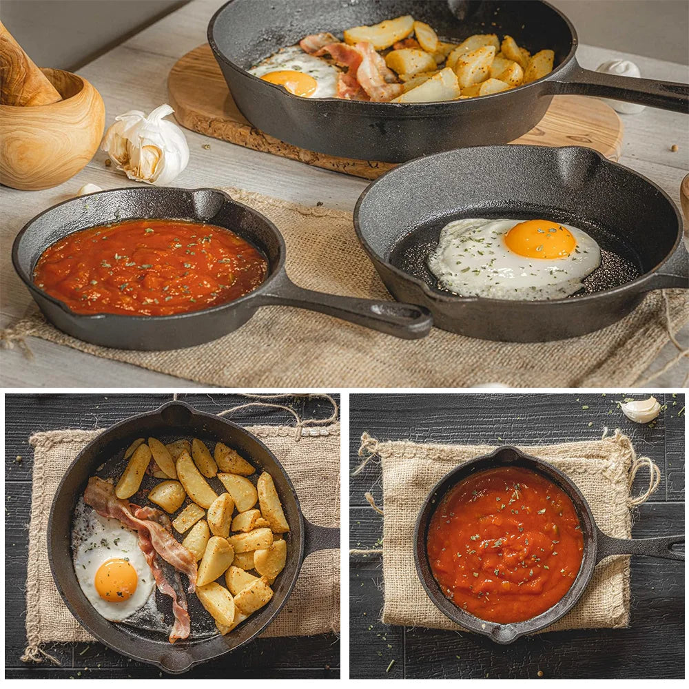 Gietijzeren Koekenpannenset 3-delig 16-20-26cm Inductie Gasfornuis Ongecoat Braadpan Omeletpan Roerbakpan Zwart