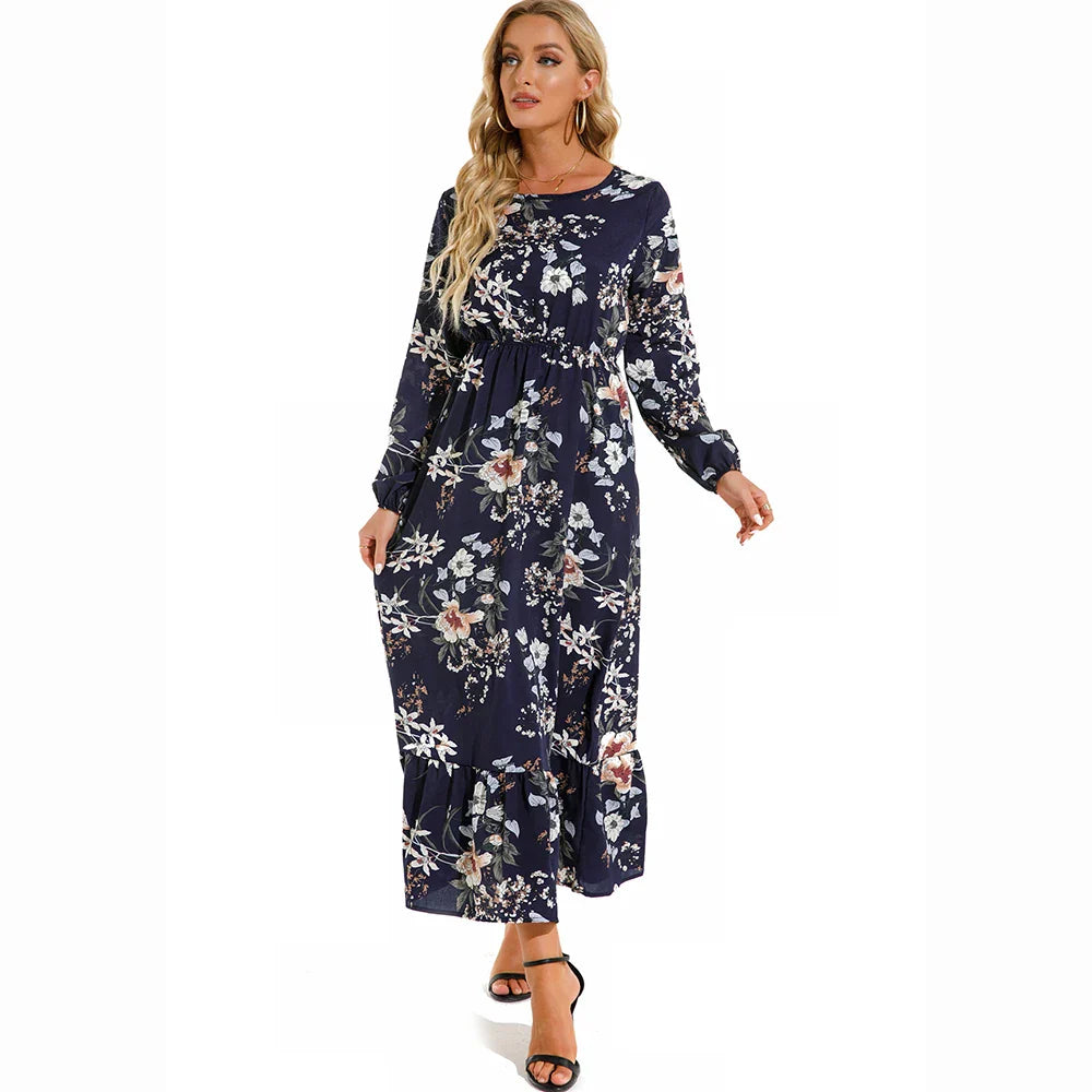 Vrouwelijke Maxi Jurk Bloem Chiffon Lange Mouwen