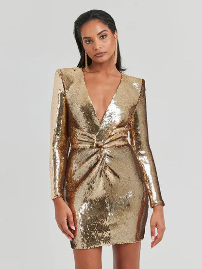 Glamoureuze Pailletten Feestjurk Lange Mouw Mini