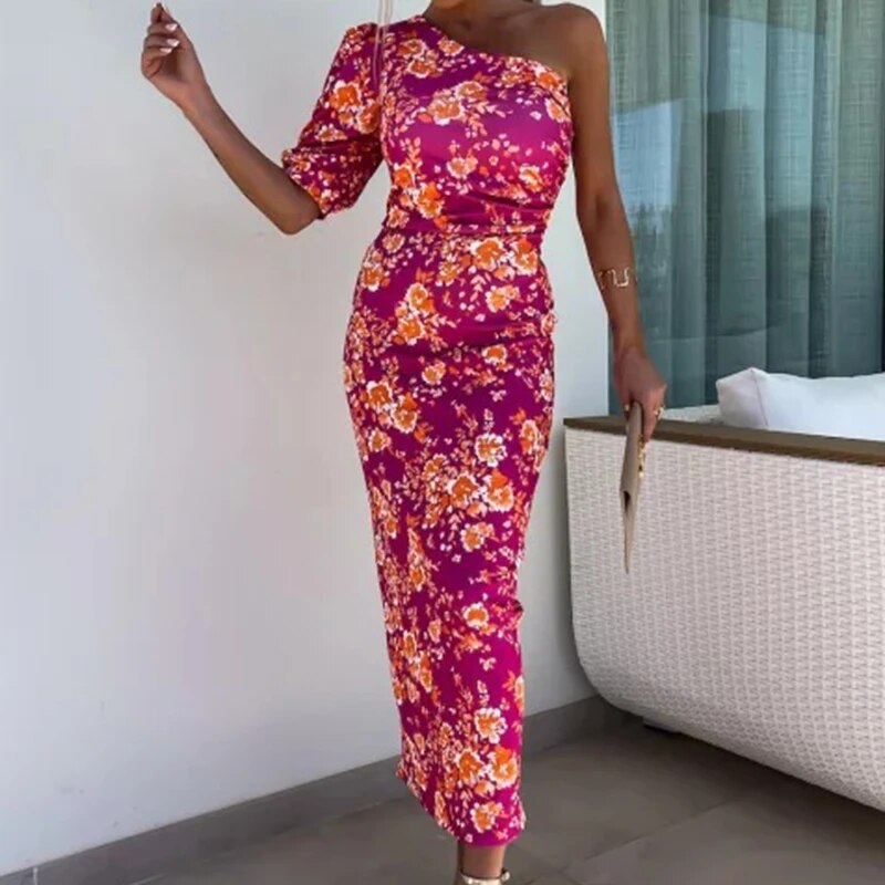 Vrouwelijke One-shoulder Jurk met Pofmouwen Elegante Stijl