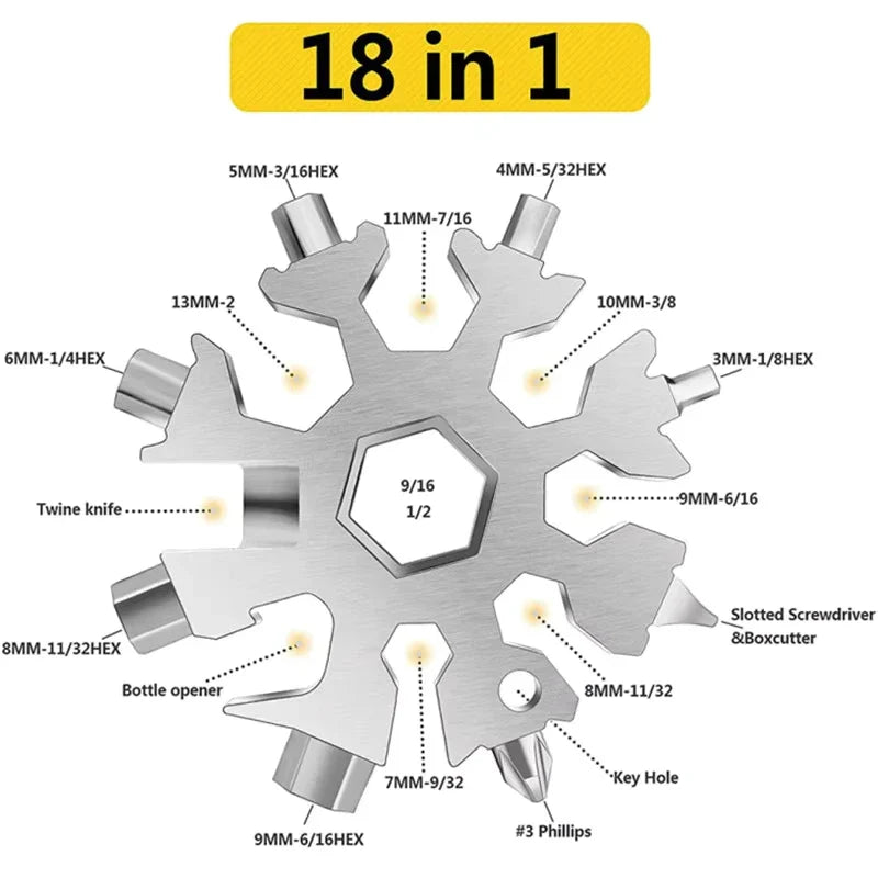 18-in-1 Sneeuwvlok Multitool in Compacte Sleutelhangerformaat met Moersleutels, Schroevendraaiers en Flesopener