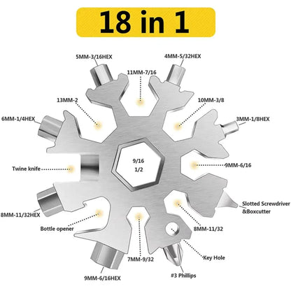 18-in-1 Sneeuwvlok Multitool in Compacte Sleutelhangerformaat met Moersleutels, Schroevendraaiers en Flesopener