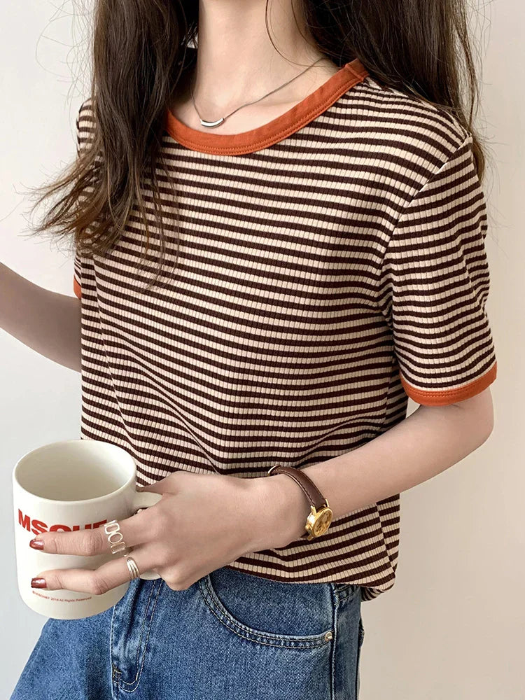 Dames Zomer T-Shirt Retro Gestreept Katoen - StudioMarella