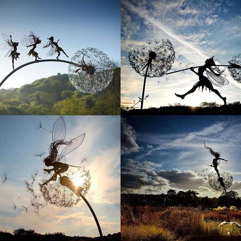 Metalen Tuinsteker Fee met Paardenbloem 75cm Decoratie voor Tuin Gazon Bloembak Magisch Sprookjesbeeld Windbestendig Fantasiebeeld Fantasieliefhebbers Romantische Tuininrichting Dromerig Accent