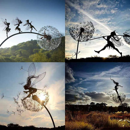 Metalen Tuinsteker Fee met Paardenbloem 75cm Decoratie voor Tuin Gazon Bloembak Magisch Sprookjesbeeld Windbestendig Fantasiebeeld Fantasieliefhebbers Romantische Tuininrichting Dromerig Accent