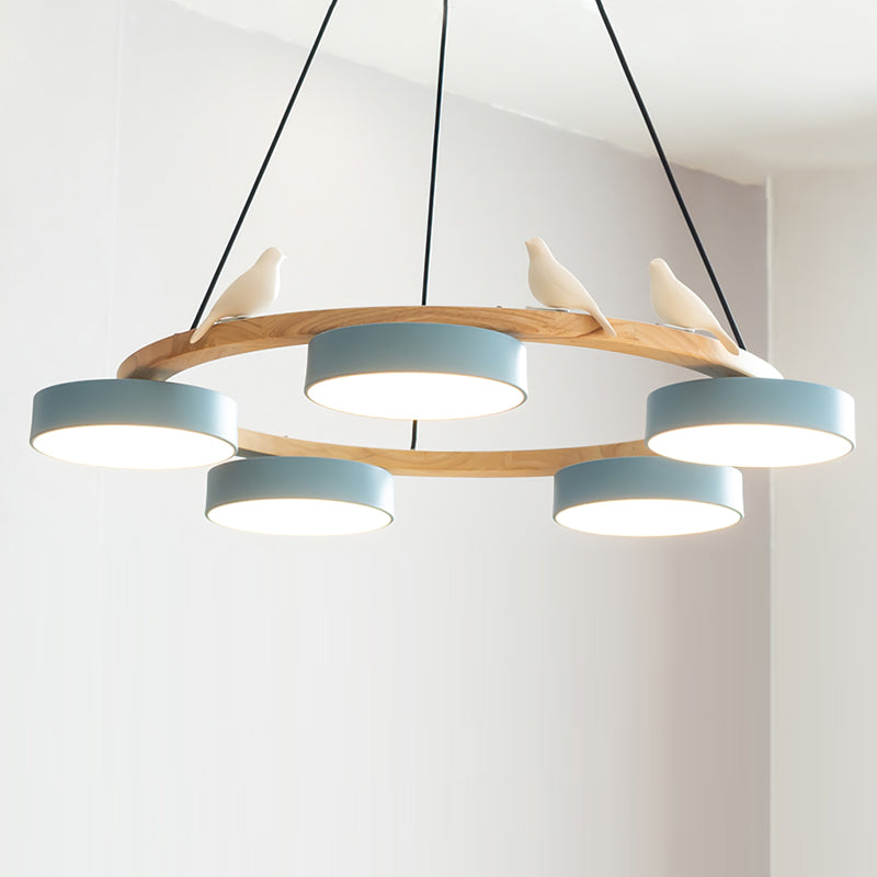Ronde Hanglamp Met Vogels Houten Ring LED 65cm 72cm