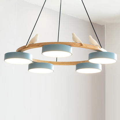 Ronde Hanglamp Met Vogels Houten Ring LED 65cm 72cm