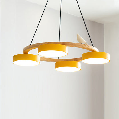 Ronde Hanglamp Met Vogels Houten Ring LED 65cm 72cm
