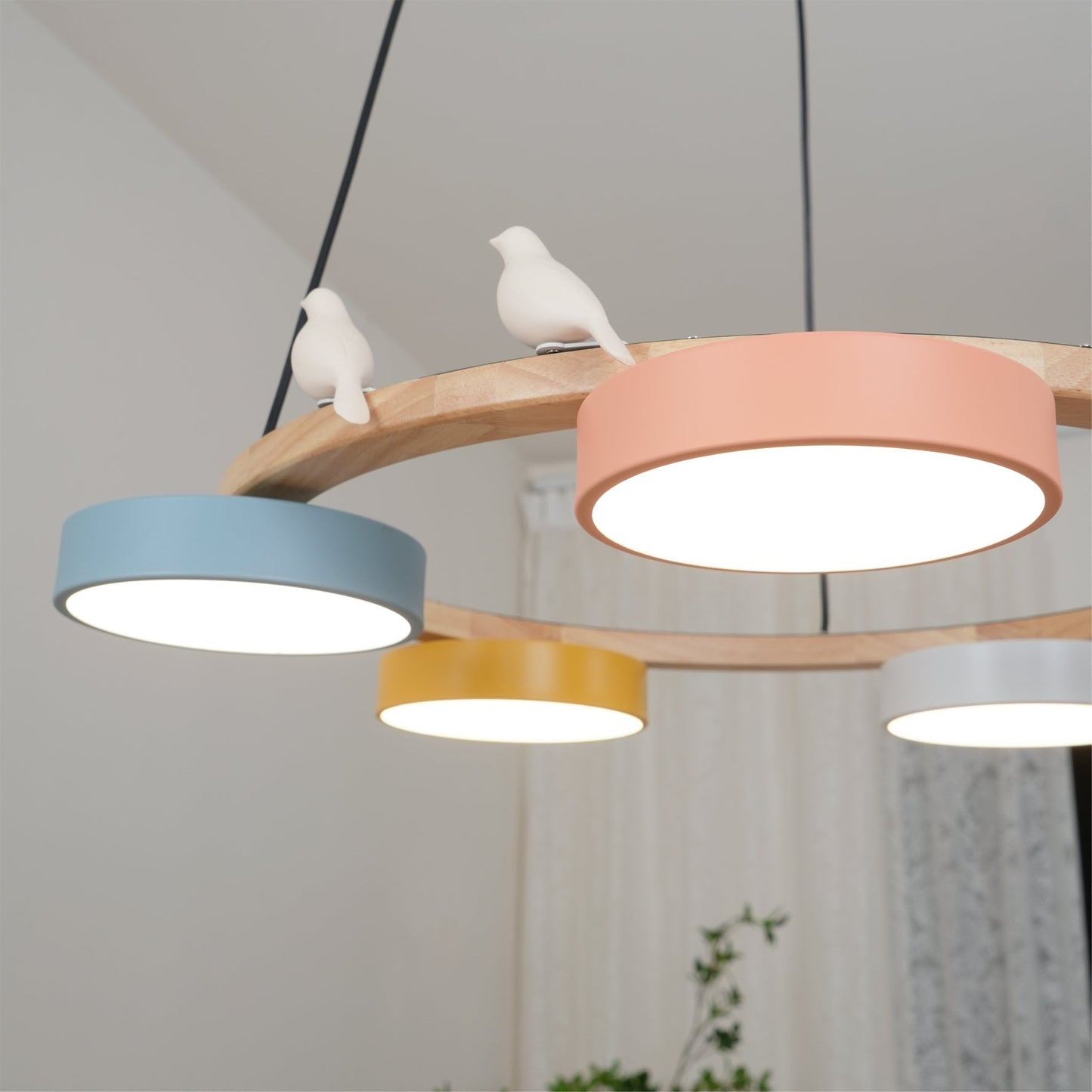 Ronde Hanglamp Met Vogels Houten Ring LED 65cm 72cm