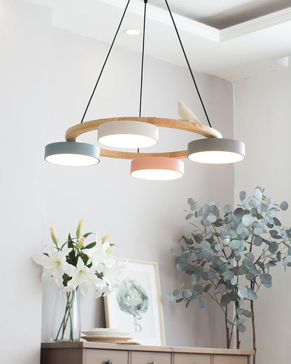Ronde Hanglamp Met Vogels Houten Ring LED 65cm 72cm