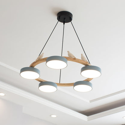 Ronde Hanglamp Met Vogels Houten Ring LED 65cm 72cm