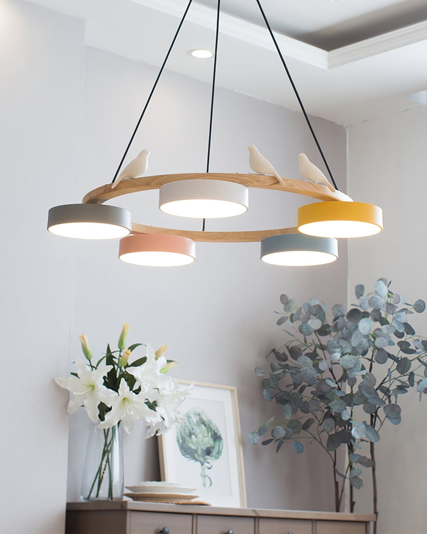 Ronde Hanglamp Met Vogels Houten Ring LED 65cm 72cm