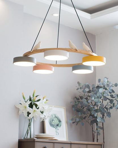 Ronde Hanglamp Met Vogels Houten Ring LED 65cm 72cm