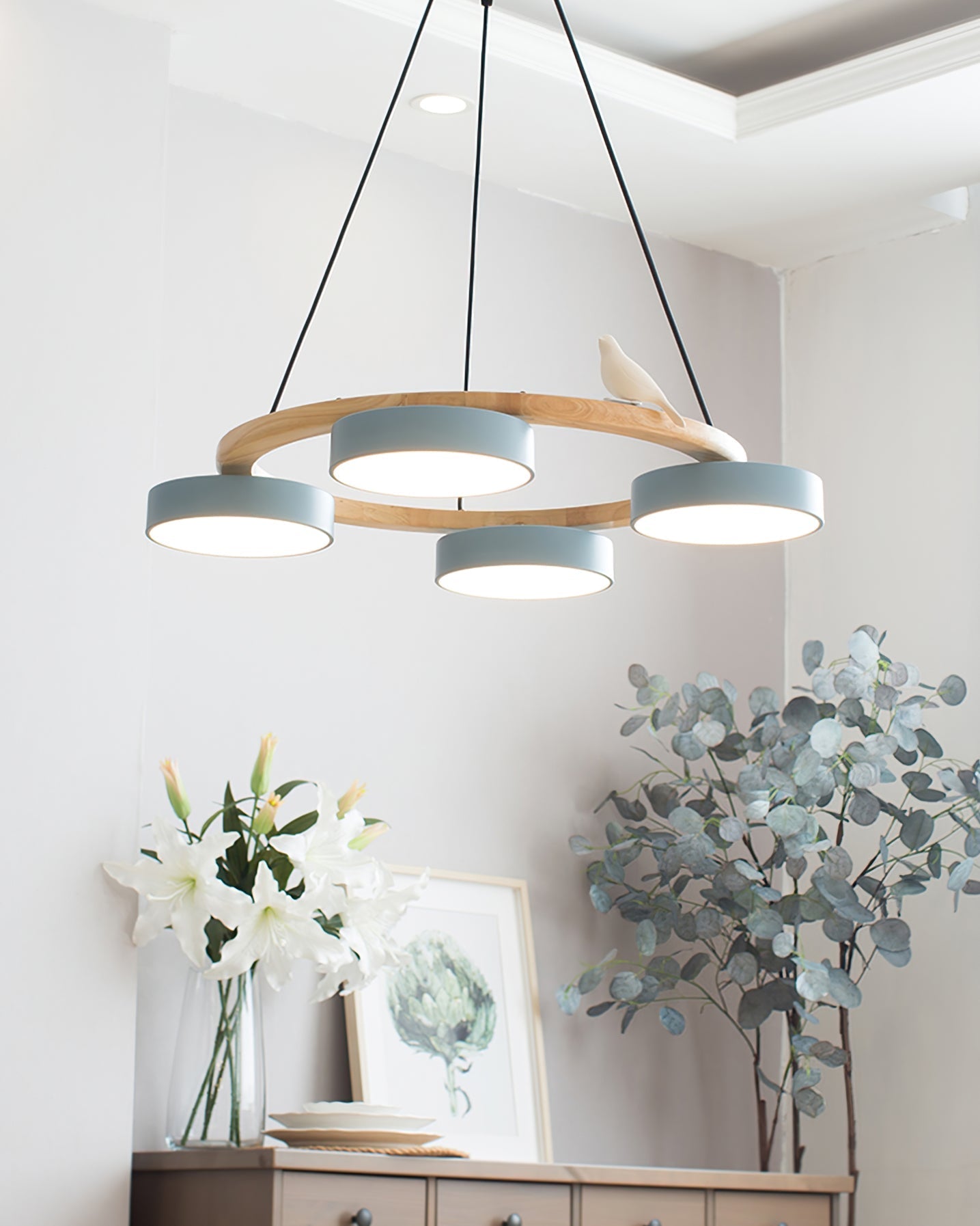 Ronde Hanglamp Met Vogels Houten Ring LED 65cm 72cm