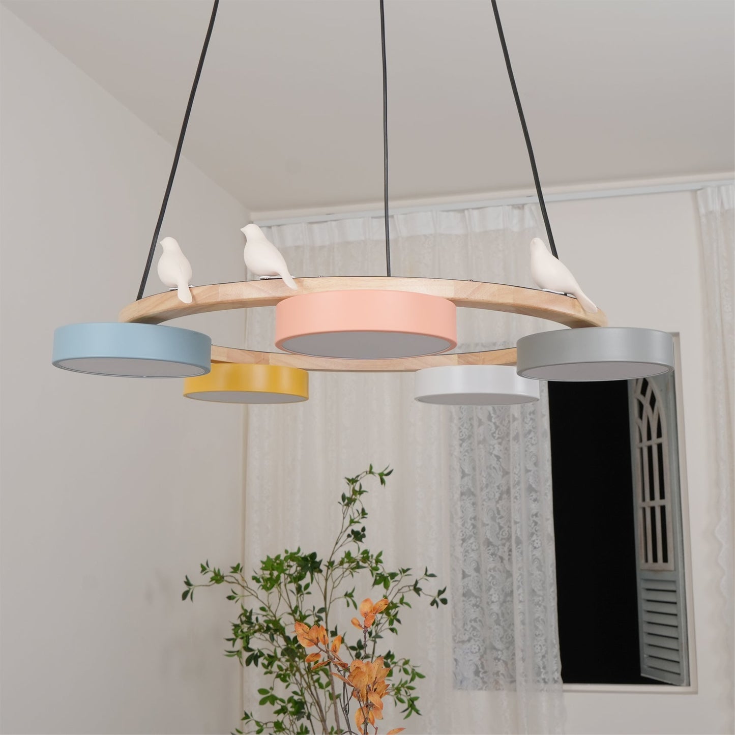 Ronde Hanglamp Met Vogels Houten Ring LED 65cm 72cm