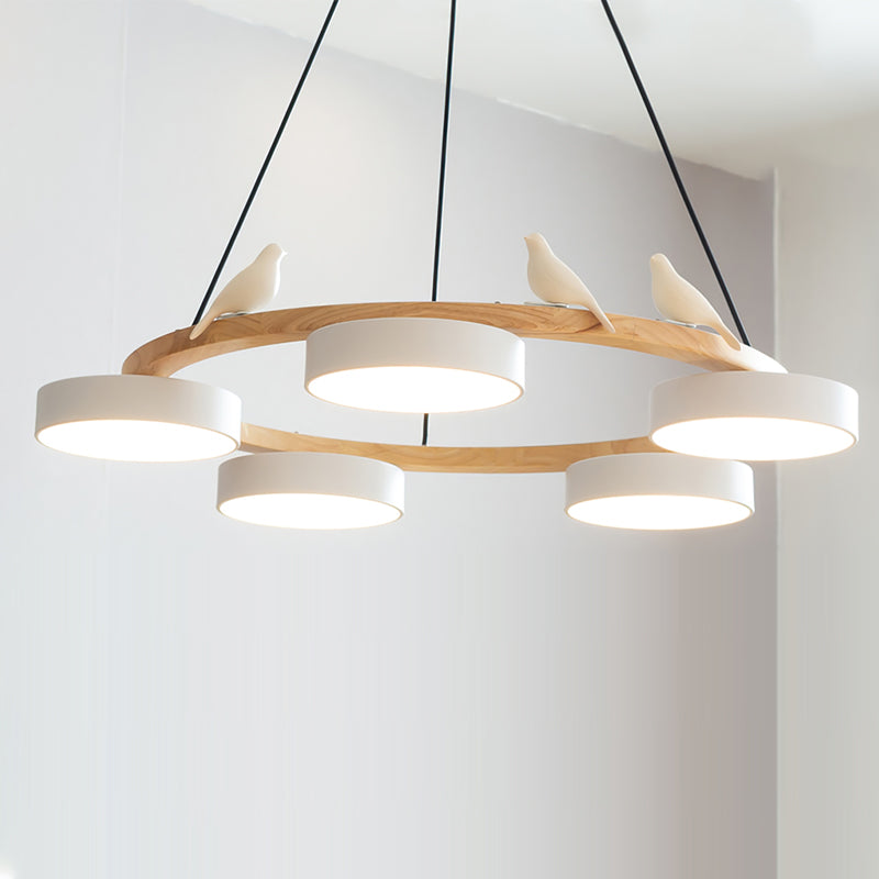 Ronde Hanglamp Met Vogels Houten Ring LED 65cm 72cm
