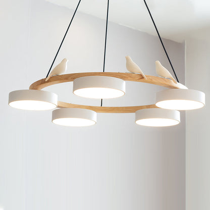 Ronde Hanglamp Met Vogels Houten Ring LED 65cm 72cm