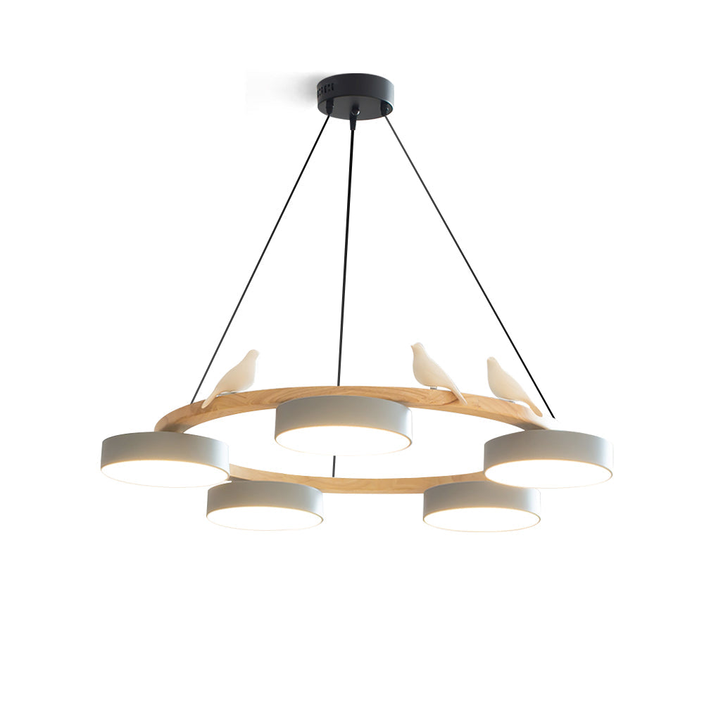 Ronde Hanglamp Met Vogels Houten Ring LED 65cm 72cm