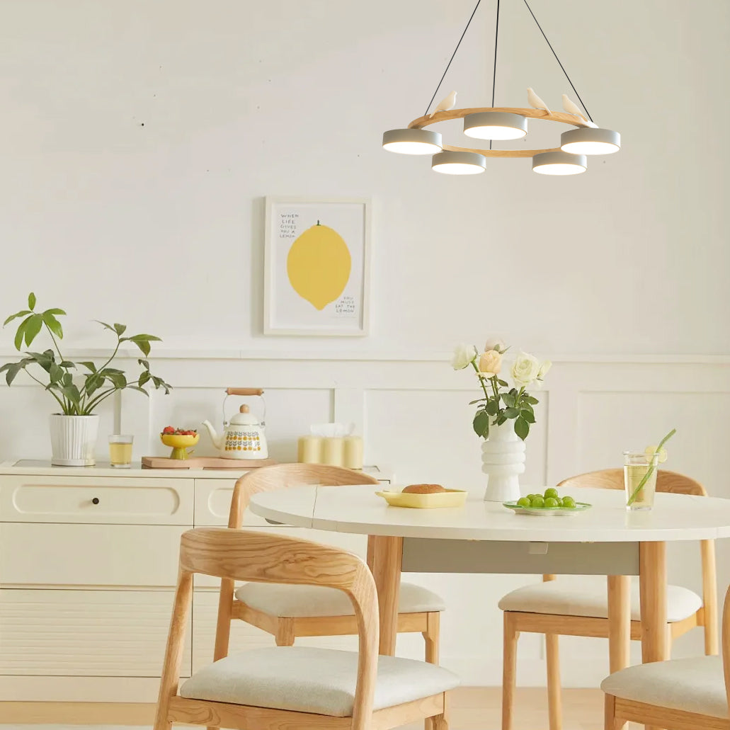 Ronde Hanglamp Met Vogels Houten Ring LED 65cm 72cm