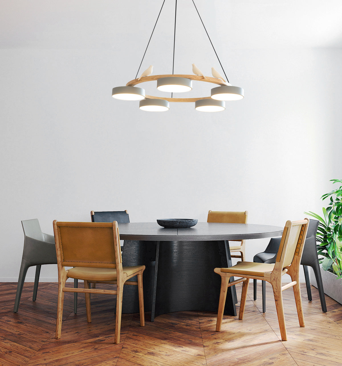 Ronde Hanglamp Met Vogels Houten Ring LED 65cm 72cm