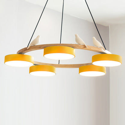 Ronde Hanglamp Met Vogels Houten Ring LED 65cm 72cm