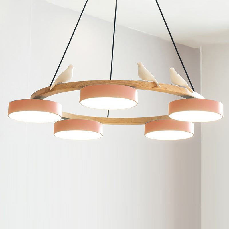 Ronde Hanglamp Met Vogels Houten Ring LED 65cm 72cm